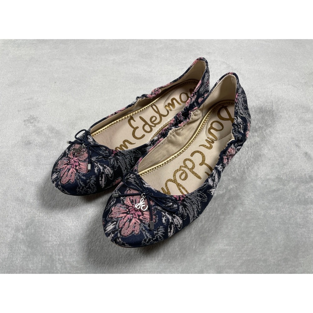 Sam Edelman Felicia Ballet Flats Women's 8.5 Navy Pink Floral Jacquard Bow Shoes - Picture 3 of 15